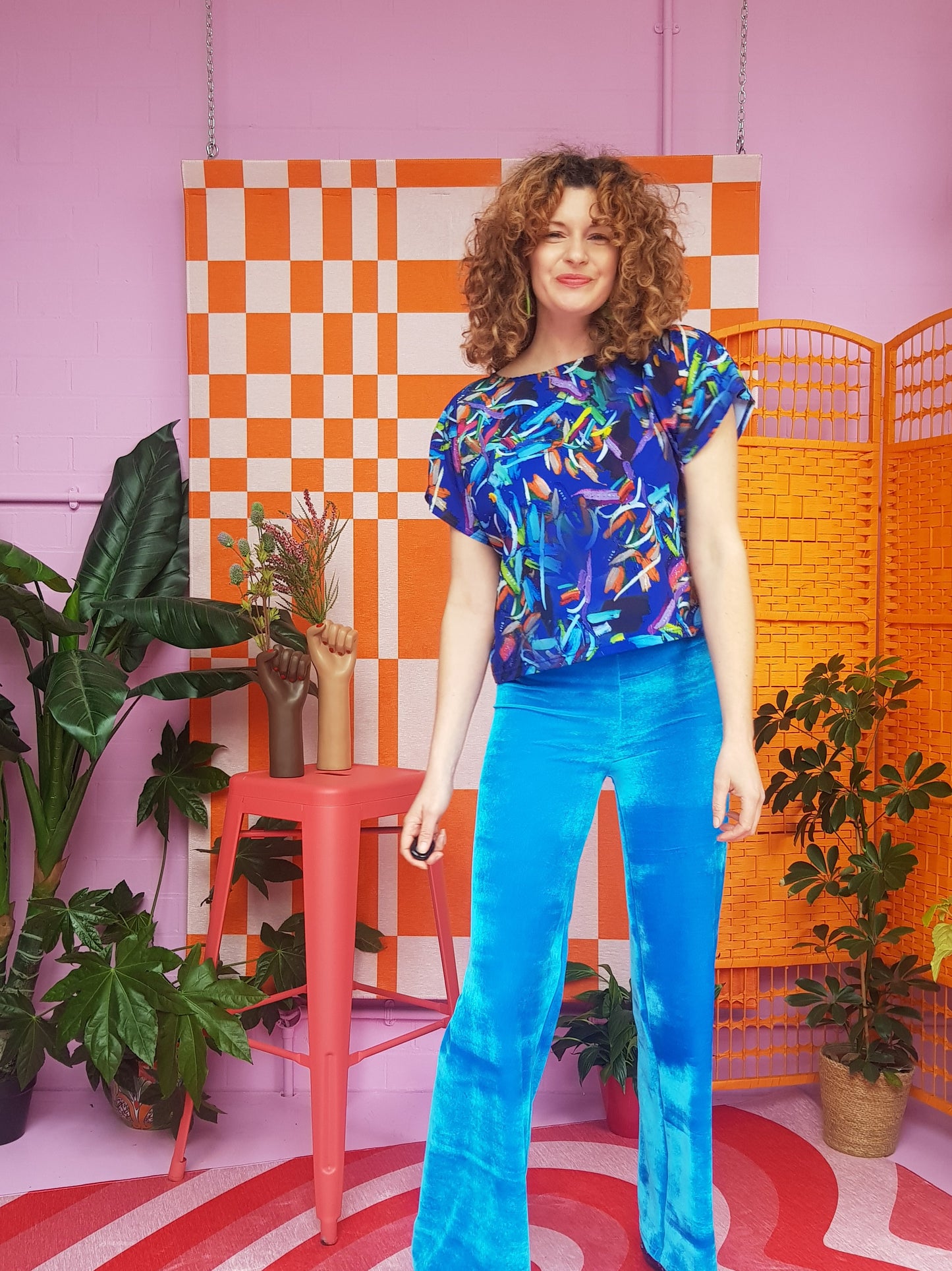 SALE - Velvet Straight Leg Trousers in Turquoise S
