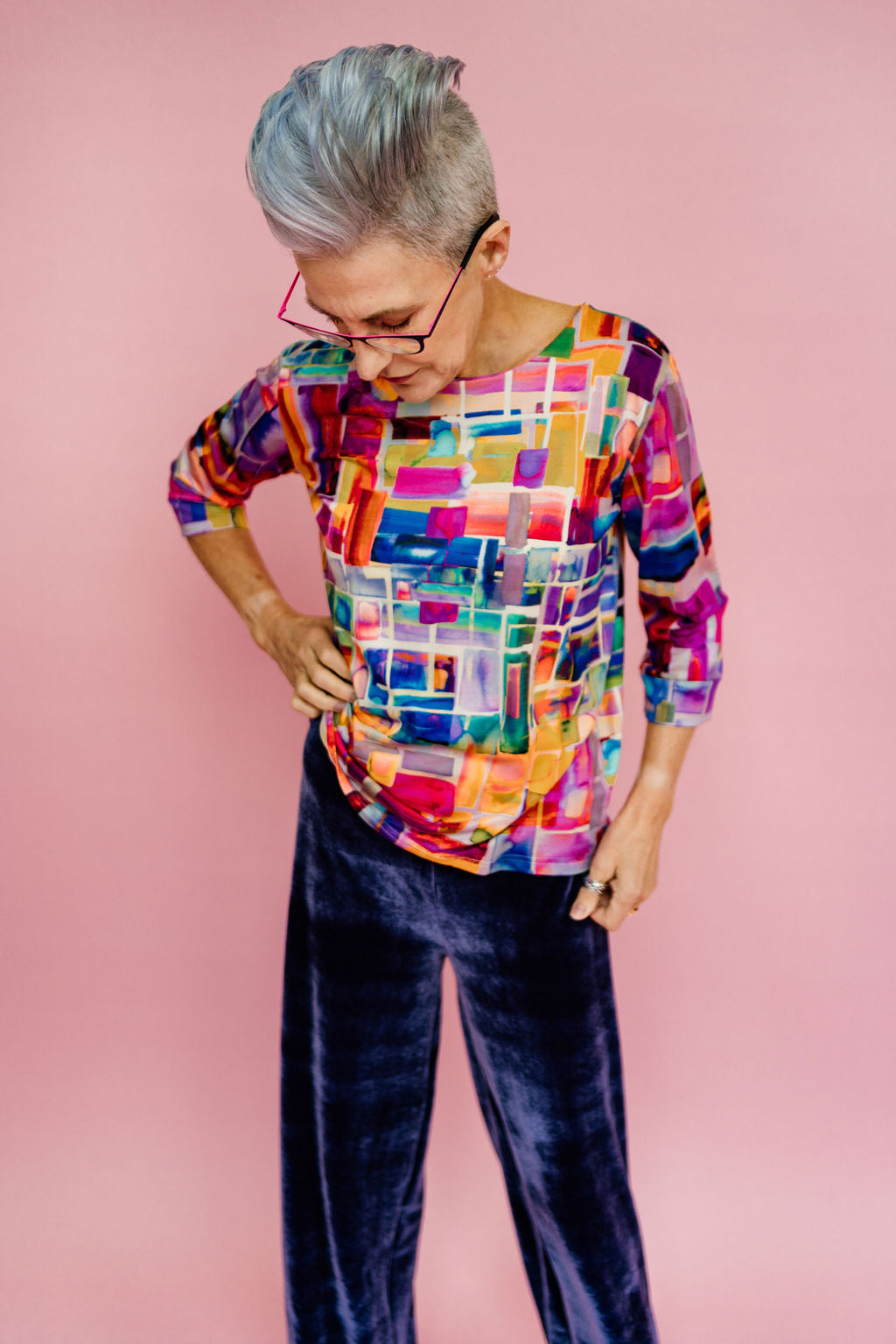 Easy Fit 3/4 Sleeve Tee in Abstract Lilac Jersey