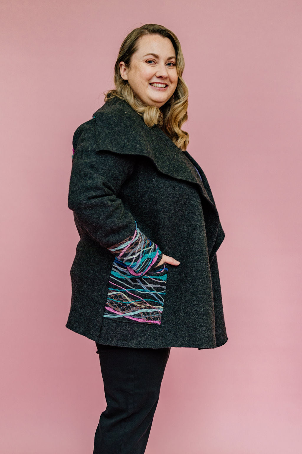 Embellished Short Wool Coat in Charcoal