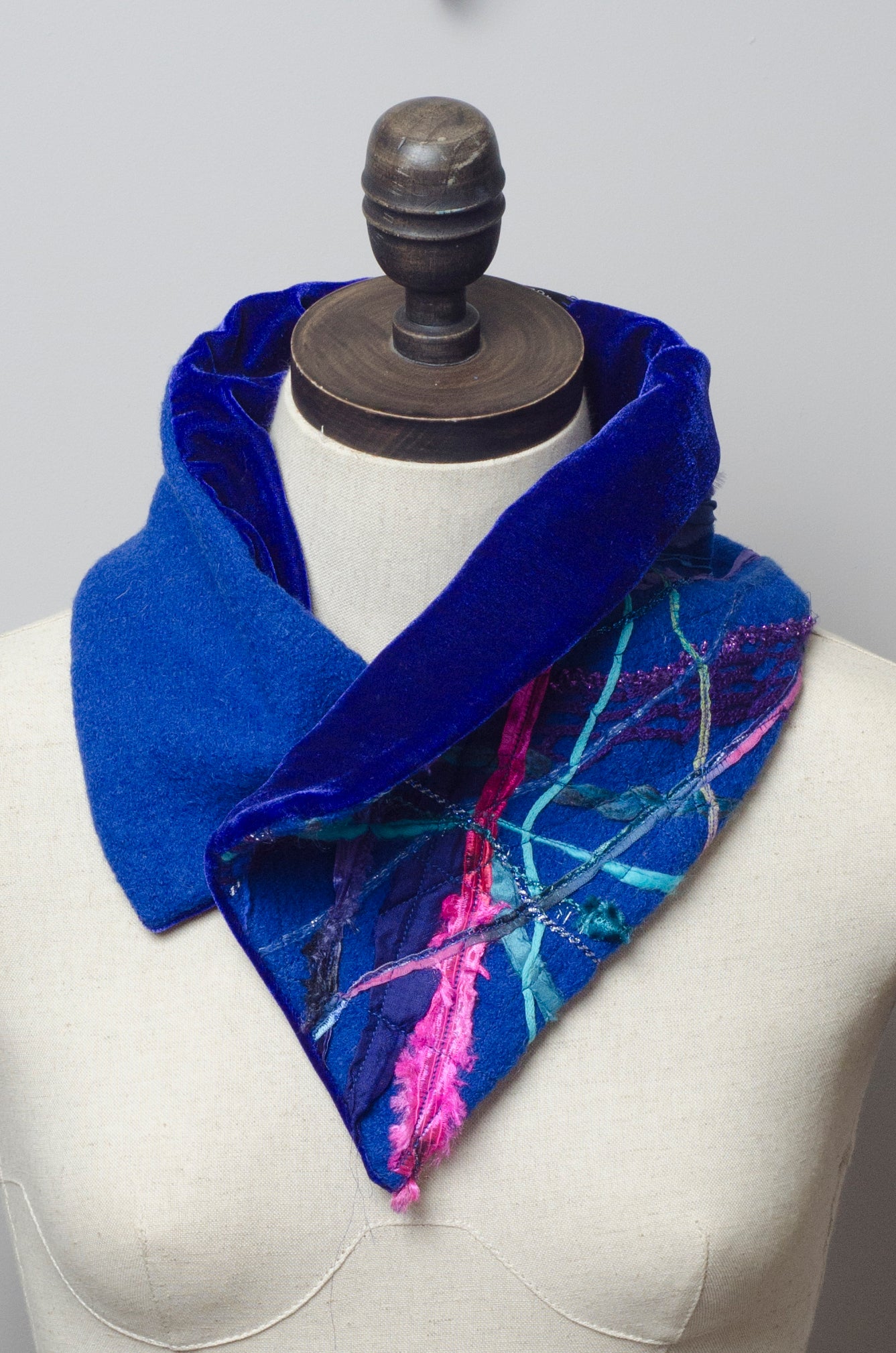 Embellished Wool & Velvet Neck Wrap in Royal Blue - Scarf - Megan Crook