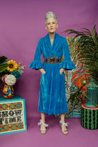 Velvet Ruffle Maxi Cardigan in Turquoise