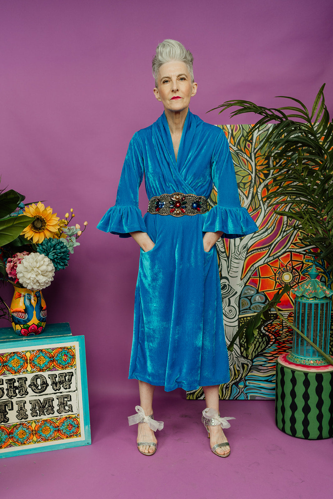 Velvet Ruffle Maxi Cardigan in Turquoise