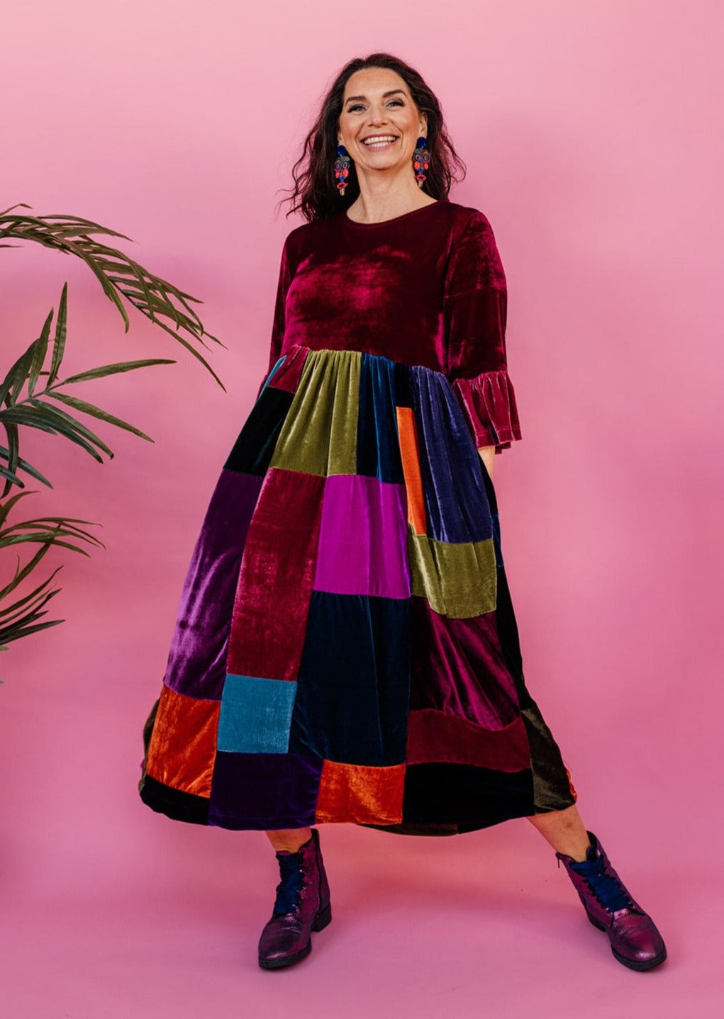 Patchwork Velvet Ruffle Smock Dress