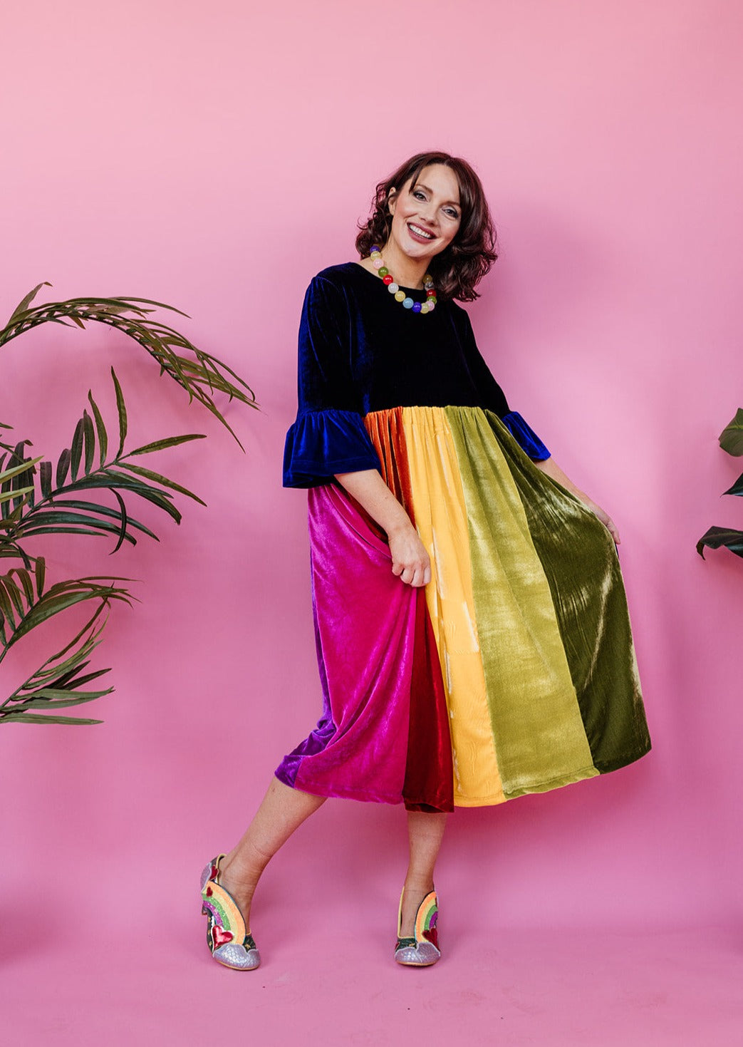 Velvet Rainbow Ruffle Smock Dress