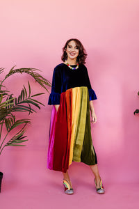 Velvet Rainbow Ruffle Smock Dress