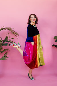 Velvet Rainbow Ruffle Smock Dress