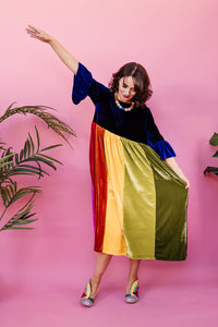 Velvet Rainbow Ruffle Smock Dress