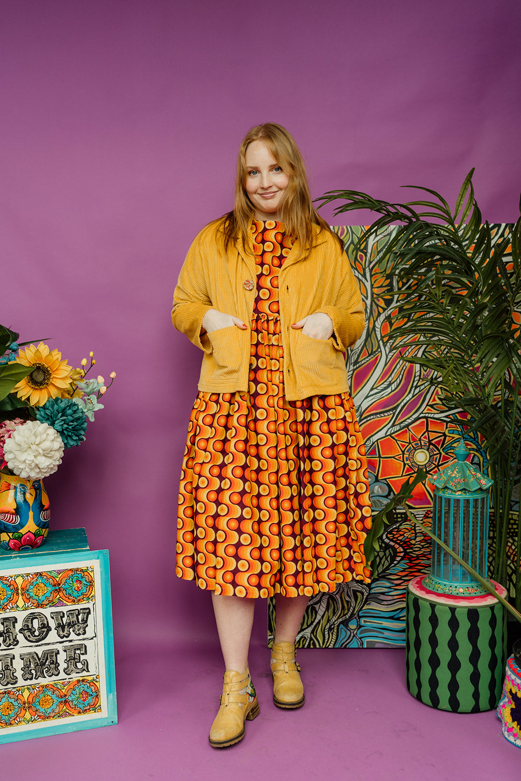 Corduroy Cropped Chore Jacket in Yellow and Retro Wallflower Smock Dress