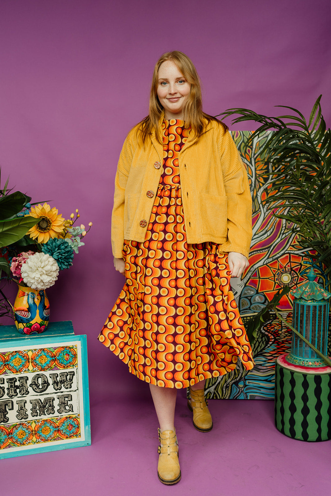 Corduroy Cropped Chore Jacket in Yellow and Smock Dress in Retro Wallflower