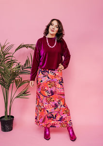 Maxi Side Split Skirt in Red Abstract Garden