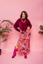 SALE Maxi Side Split Skirt in Red Abstract Garden - Megan Crook