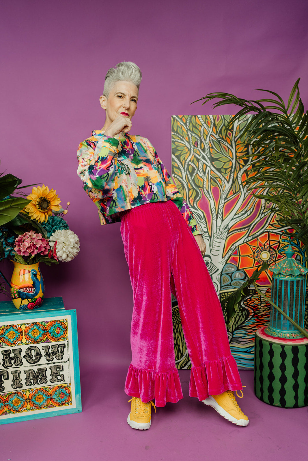 Velvet Ruffle Culottes in Bright Pink