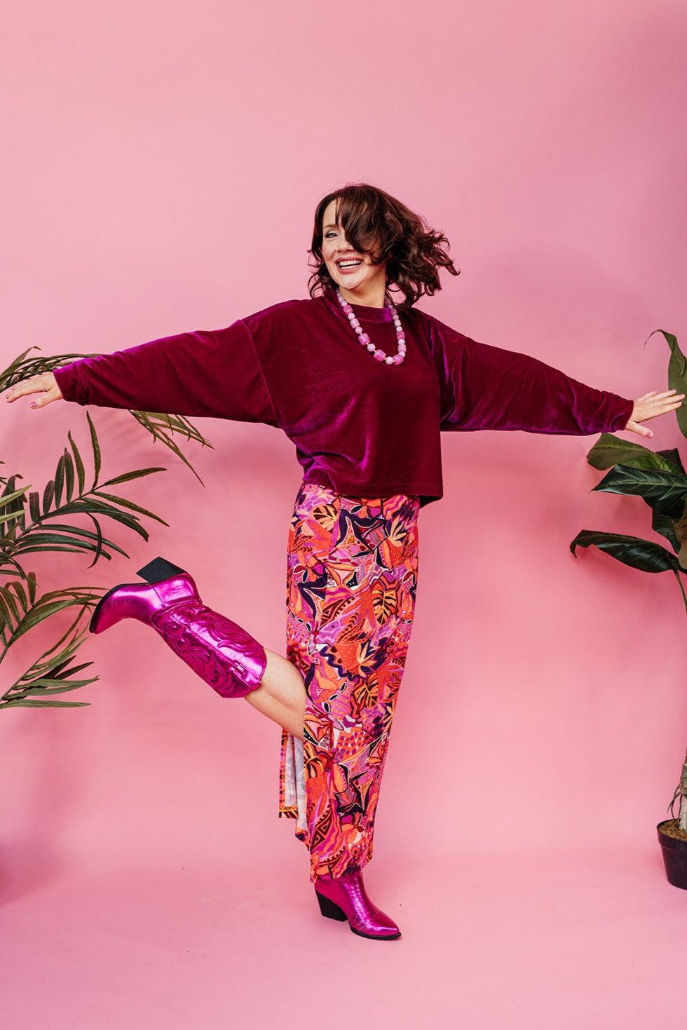 SALE Maxi Side Split Skirt in Red Abstract Garden - Megan Crook