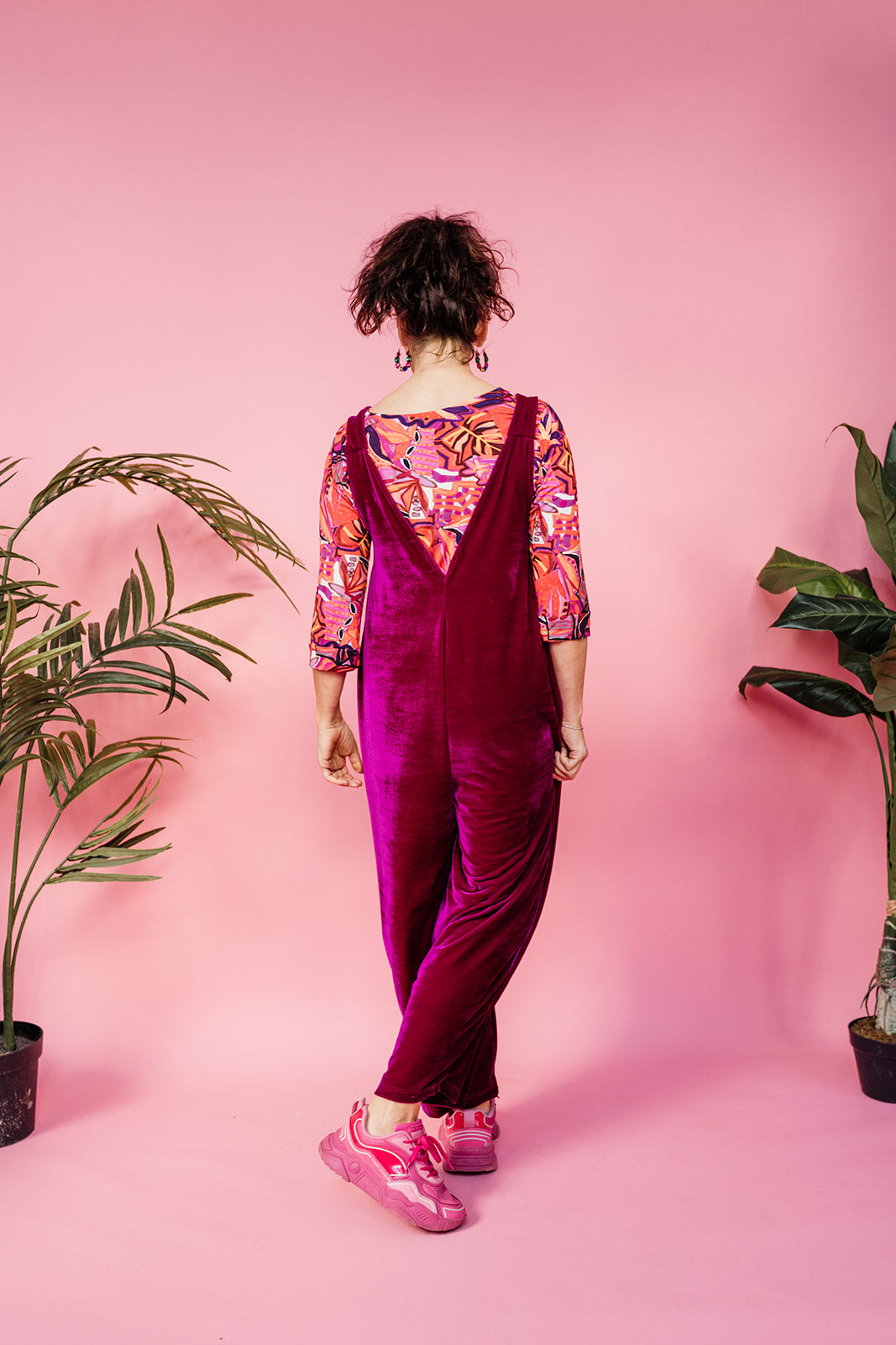 Velvet Dungaree Jumpsuit in Cerise