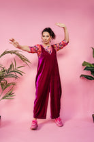 Velvet Dungaree Jumpsuit in Cerise - Megan Crook
