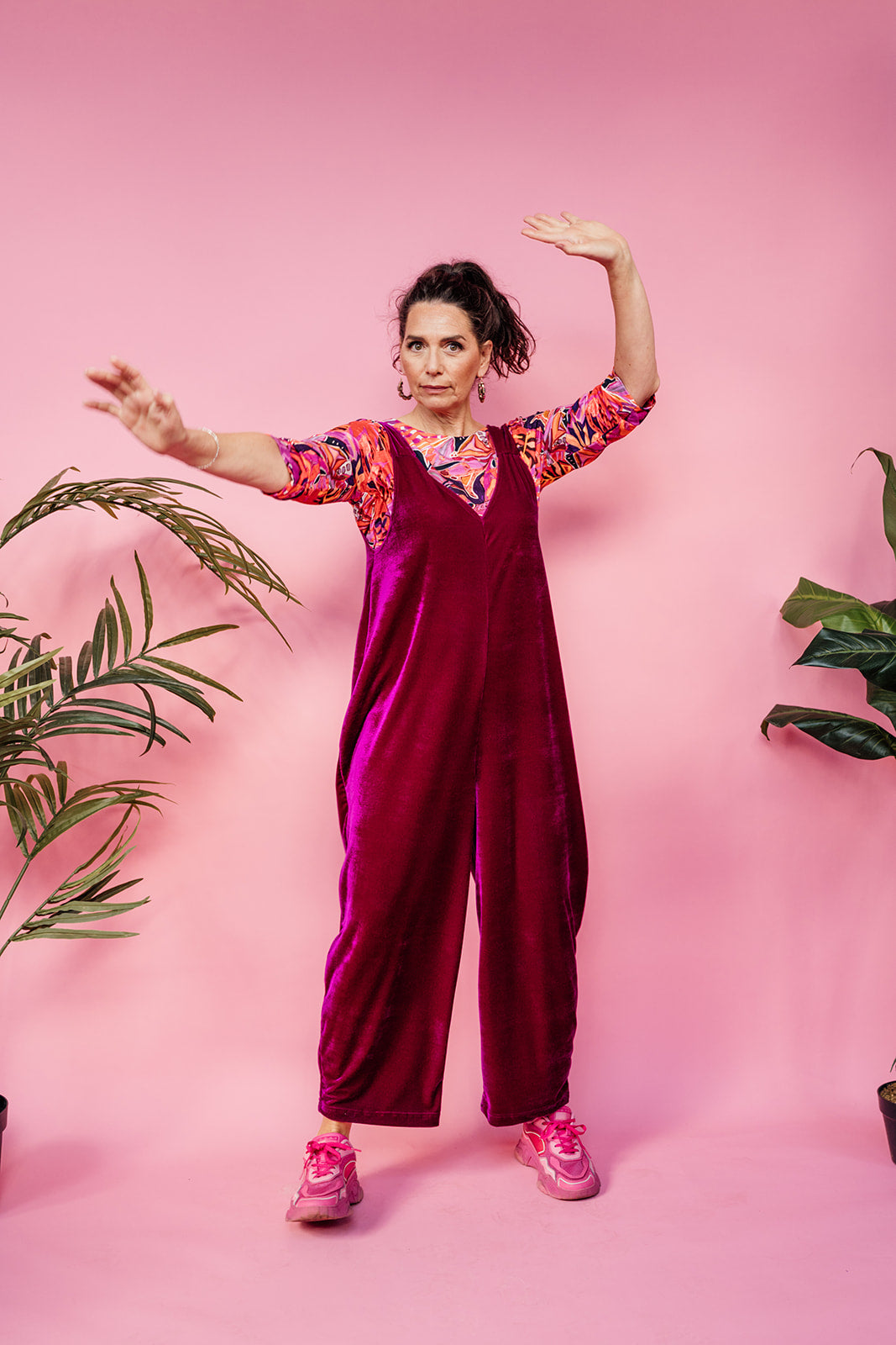 Velvet Dungaree Jumpsuit in Cerise