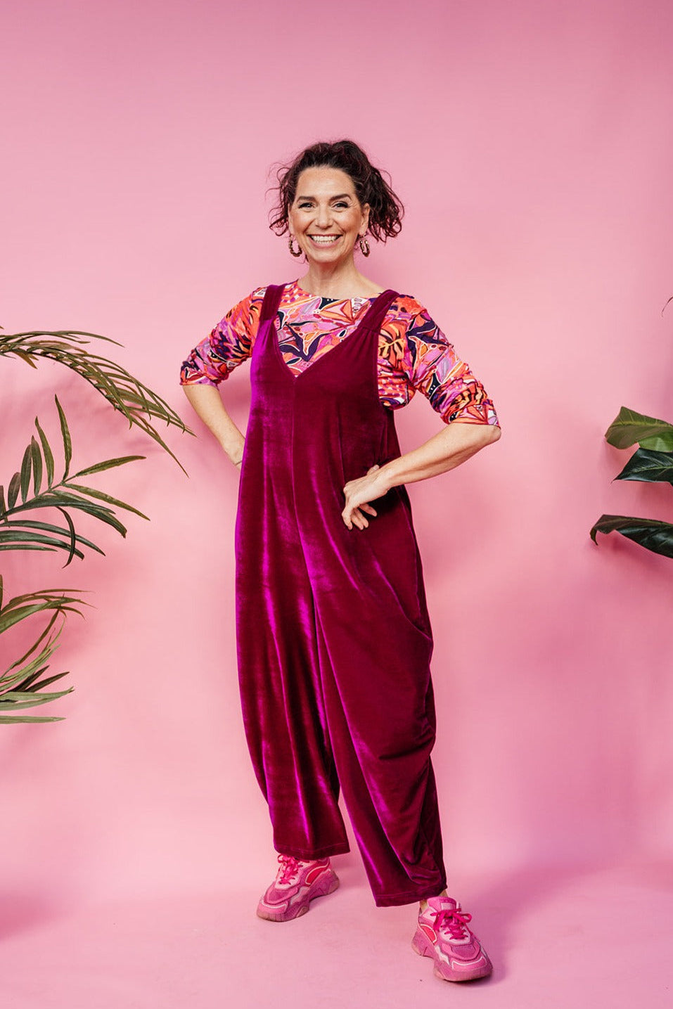 Velvet Dungaree Jumpsuit in Cerise - Megan Crook