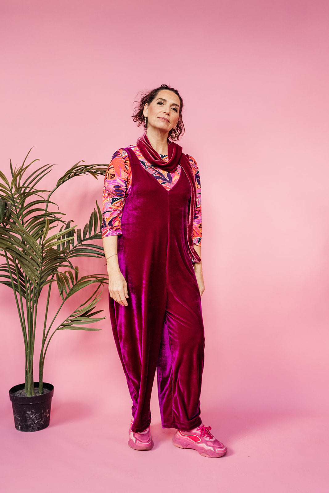 Velvet Dungaree Jumpsuit in Cerise