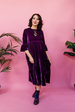 Load image into Gallery viewer, Velvet Ruffle Smock Dress in Plum