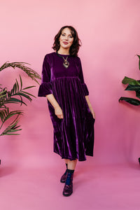 Velvet Ruffle Smock Dress in Plum