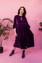 Load image into Gallery viewer, Velvet Ruffle Smock Dress in Plum