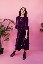 Load image into Gallery viewer, Velvet Ruffle Smock Dress in Plum