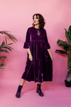 Load image into Gallery viewer, Velvet Ruffle Smock Dress in Plum