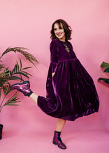 Load image into Gallery viewer, Velvet Ruffle Smock Dress in Plum