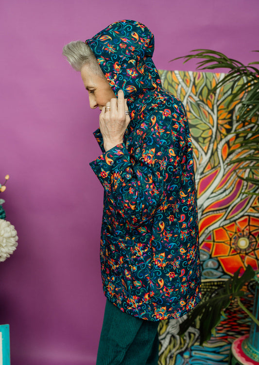 Rain Coat in Teal Floral Paisley