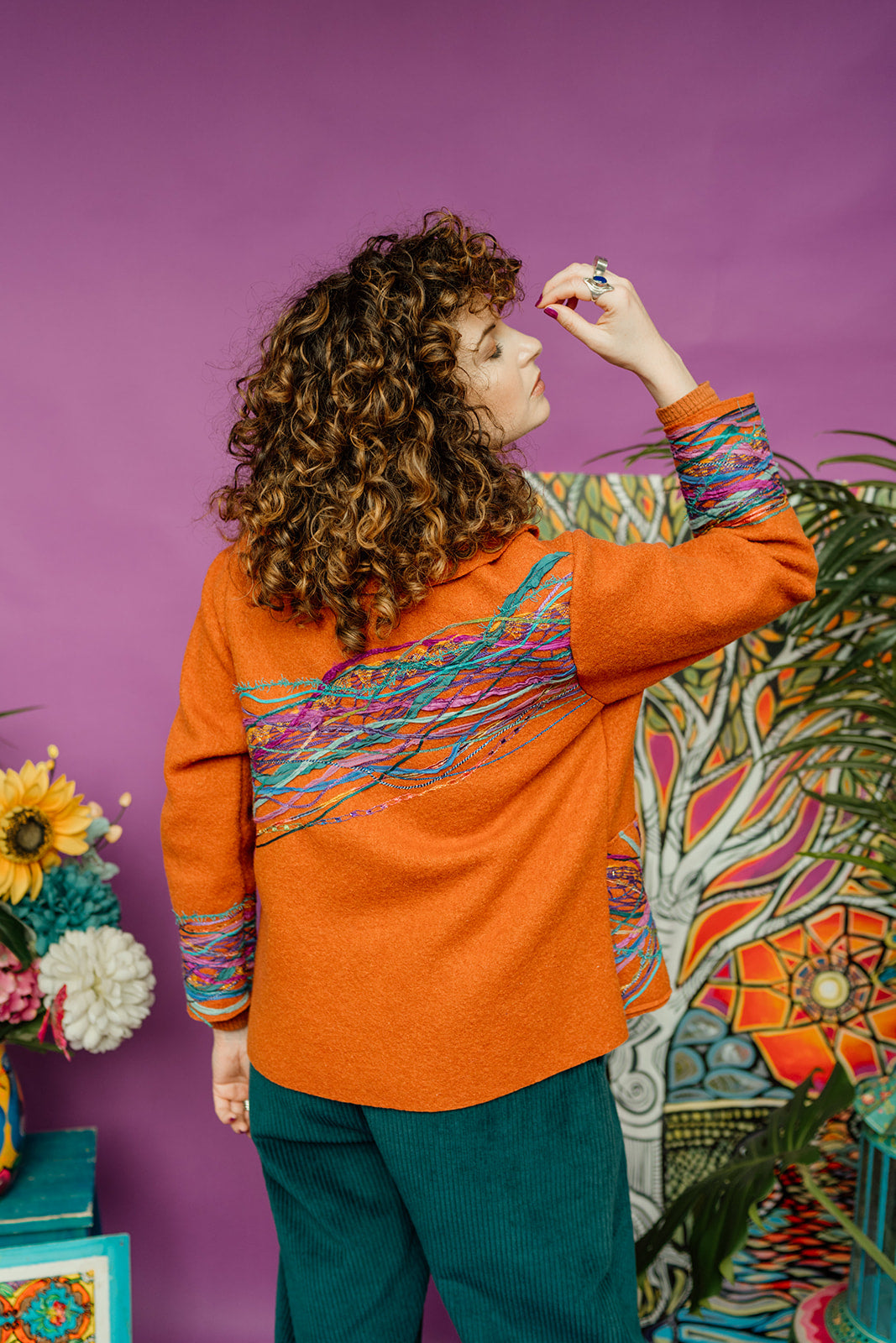 Embellished Cropped Wool Coat in Orange