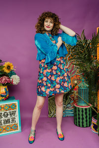 Liberty Retro Twiggy Dress in Turquoise Floral with Ruffle Bolero in Turquoise