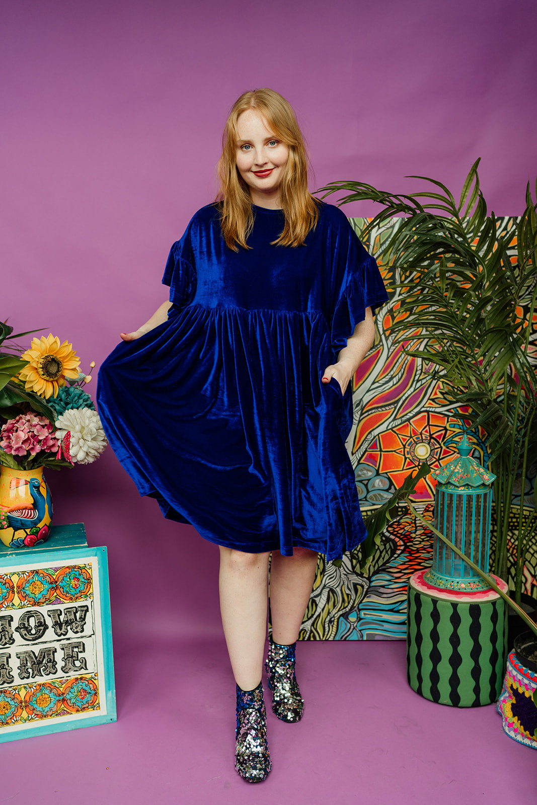 Velvet Summer Smock Dress in Royal Blue