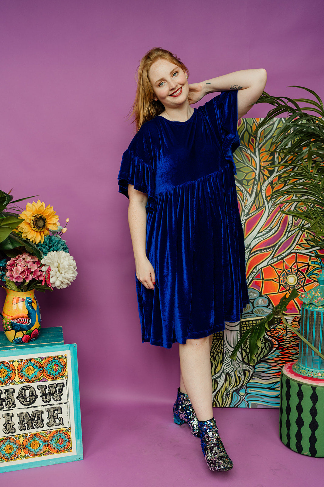 Velvet Summer Smock Dress in Royal Blue