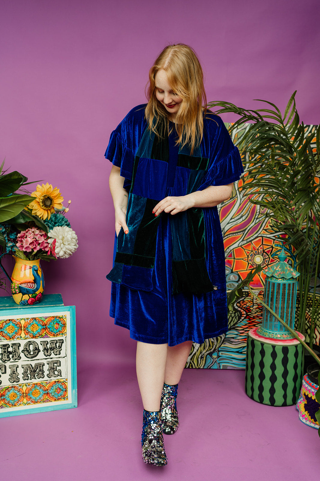 Velvet Summer Smock Dress in Royal Blue