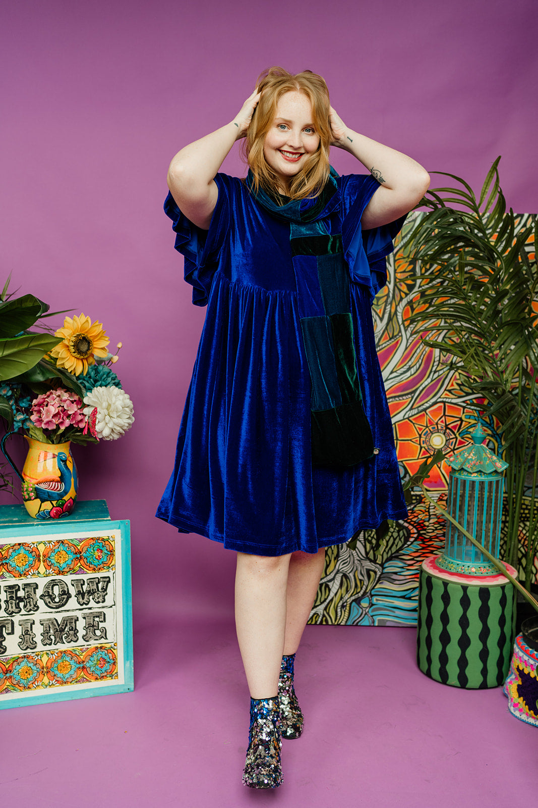 Velvet Summer Smock Dress in Royal Blue