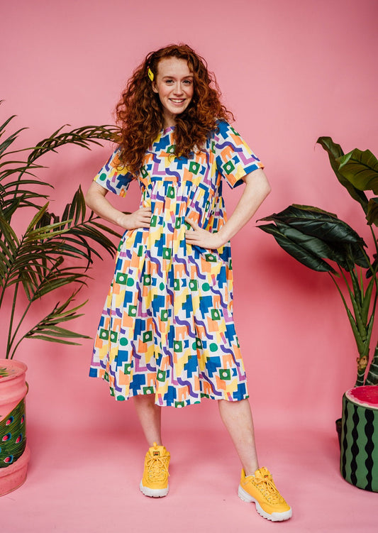 Smock Dress in Rainbow Blocks