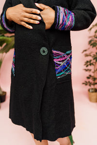 Embellished Long Wool Coat in Black Jewel