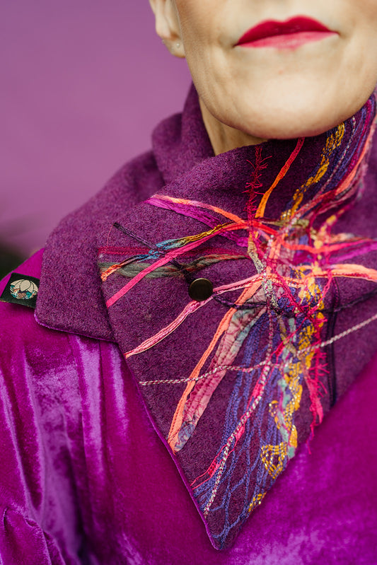 Embellished Wool & Velvet Neck Wrap in Berry Pink