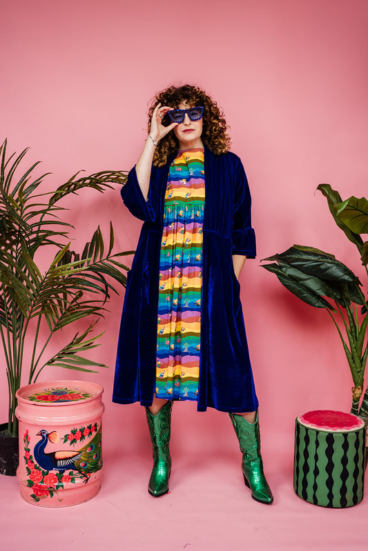 Velvet Ruffle Maxi Cardigan in Royal Blue