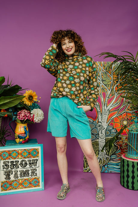 Funnel Neck Pullover in Green Floral