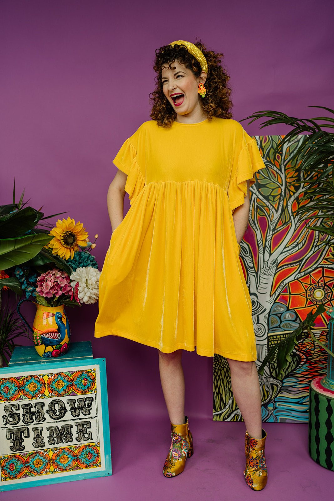 Velvet Summer Smock Dress in Yellow