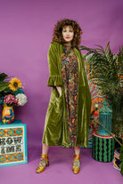 Velvet Ruffle Maxi Cardigan in Olive