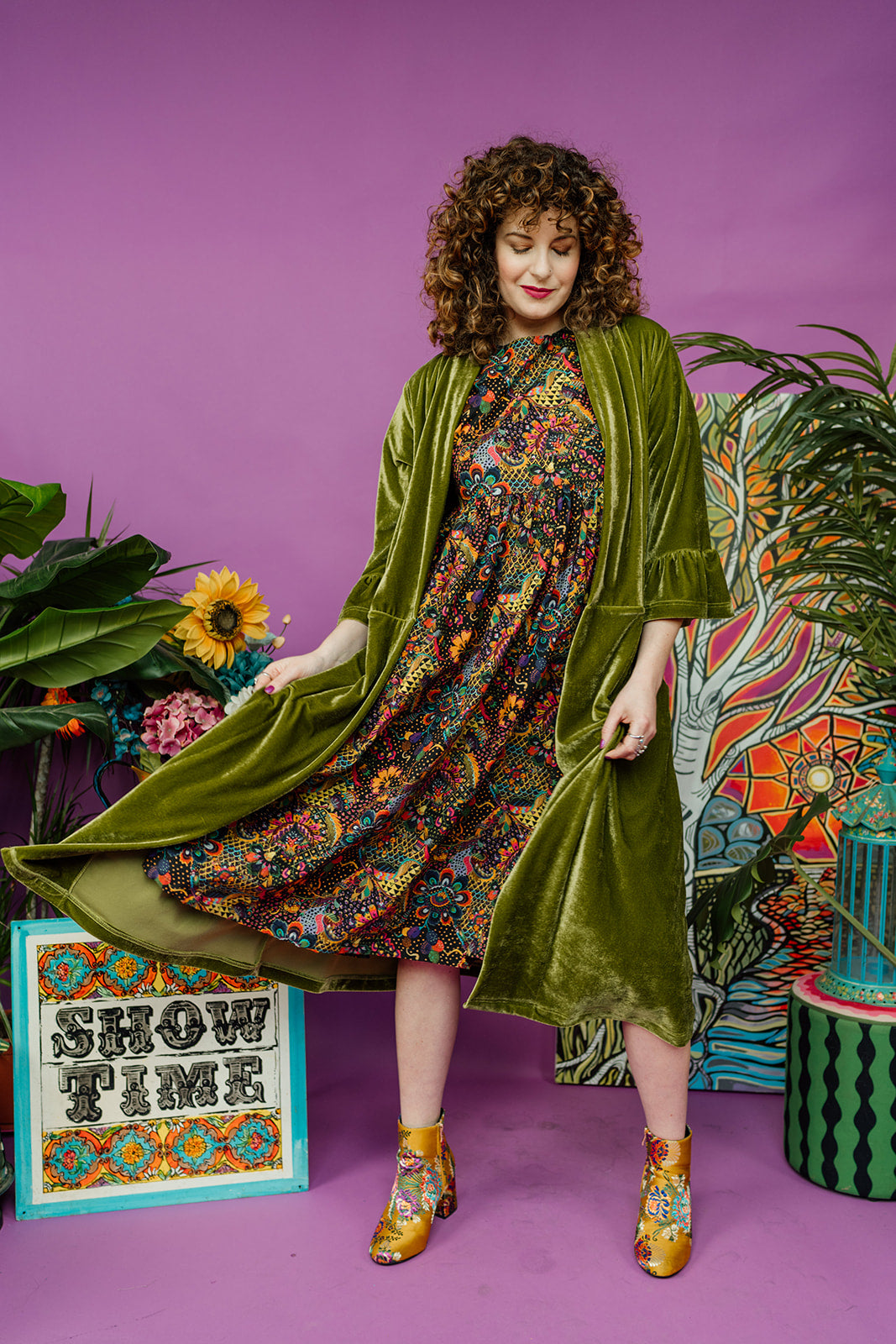 Velvet Ruffle Maxi Cardigan in Olive