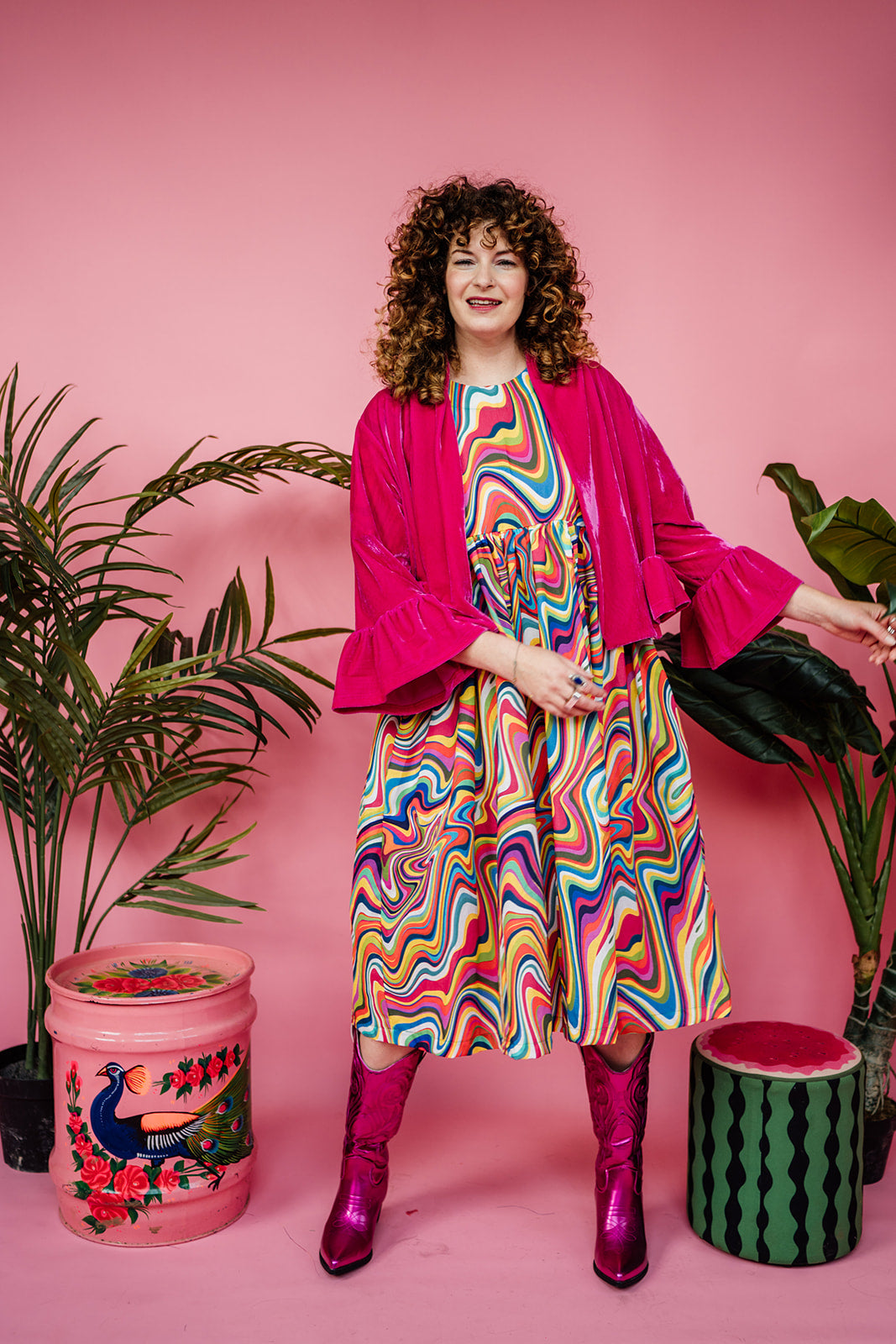 Velvet Ruffle Bolero in Bright Pink