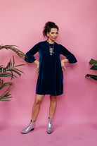 Velvet Ruffle Swing Dress in Teal - Megan Crook