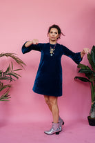 Velvet Ruffle Swing Dress in Teal - Megan Crook