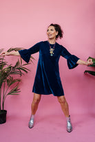 Velvet Ruffle Swing Dress in Teal - Megan Crook