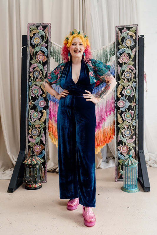 Plunge Caped Jumpsuit in Teal Velvet & Neon Twilight