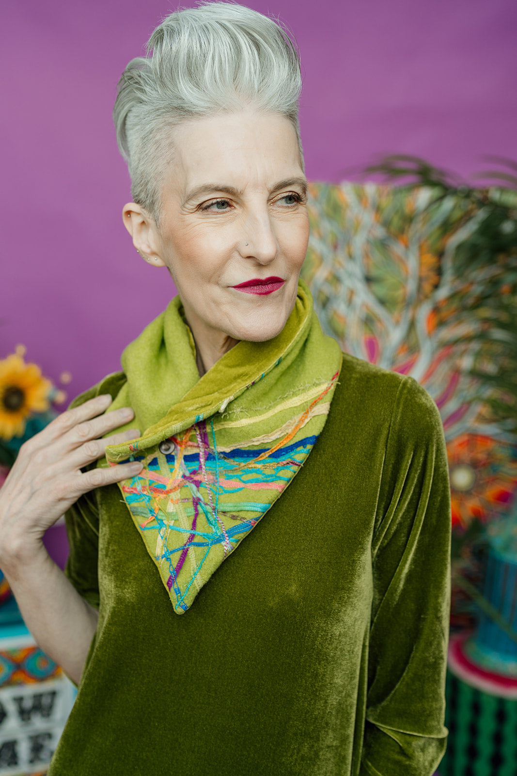 Embellished Wool & Velvet Neck Wrap in Lime Green - Megan Crook