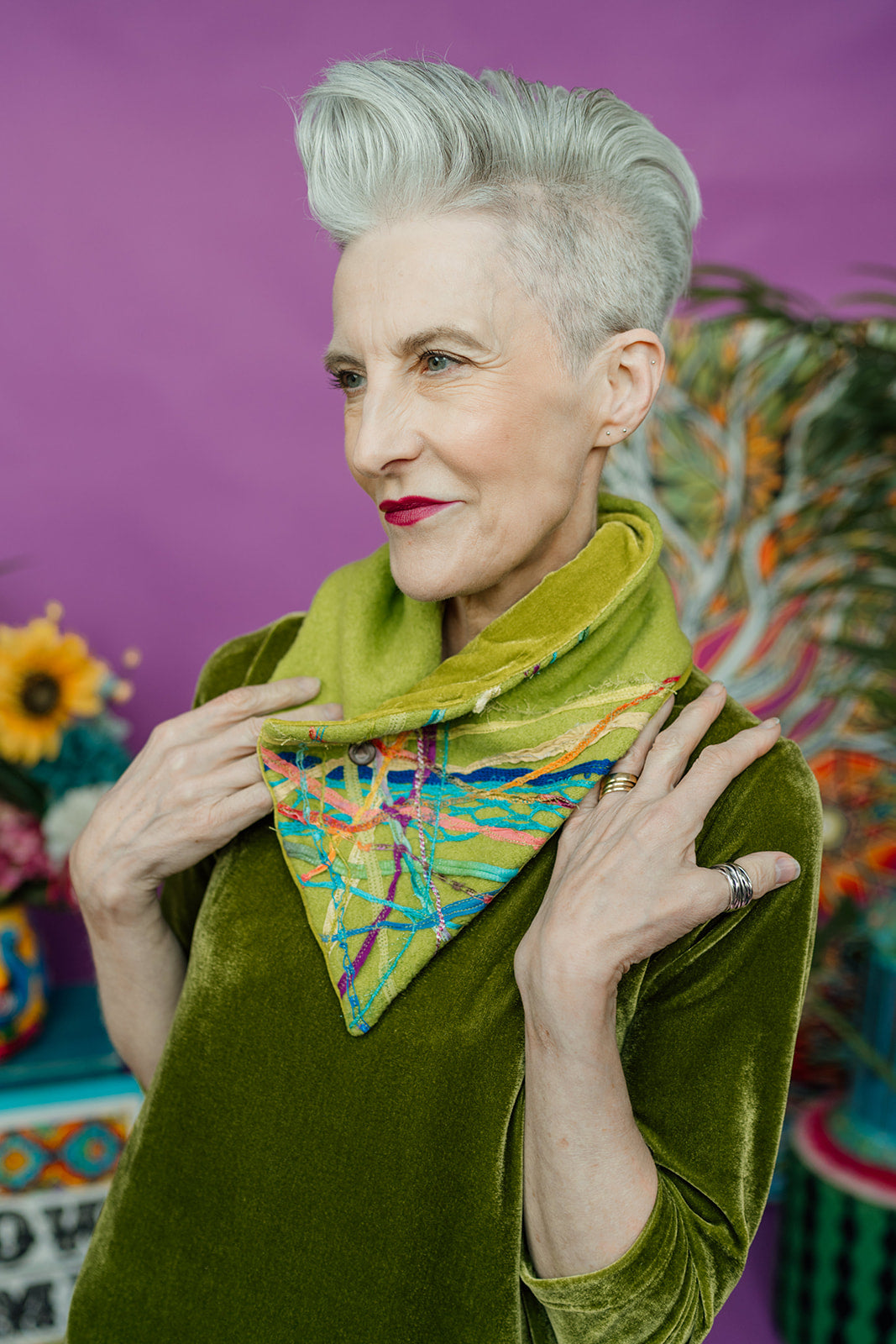Embellished Wool & Velvet Neck Wrap in Lime Green - Megan Crook
